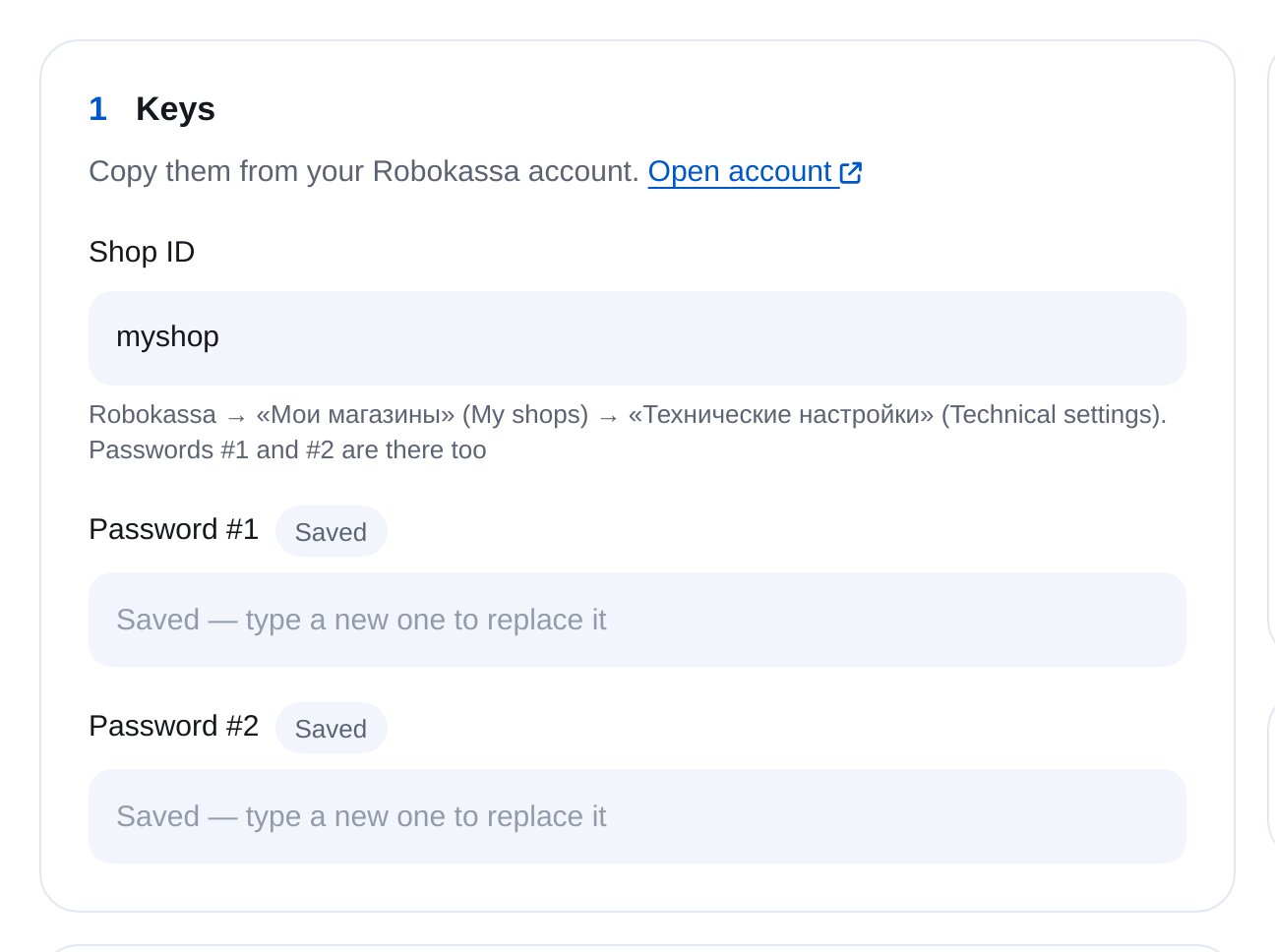 Datos de Robokassa en ETOCHATBOT: tienda y contraseñas #1 y #2