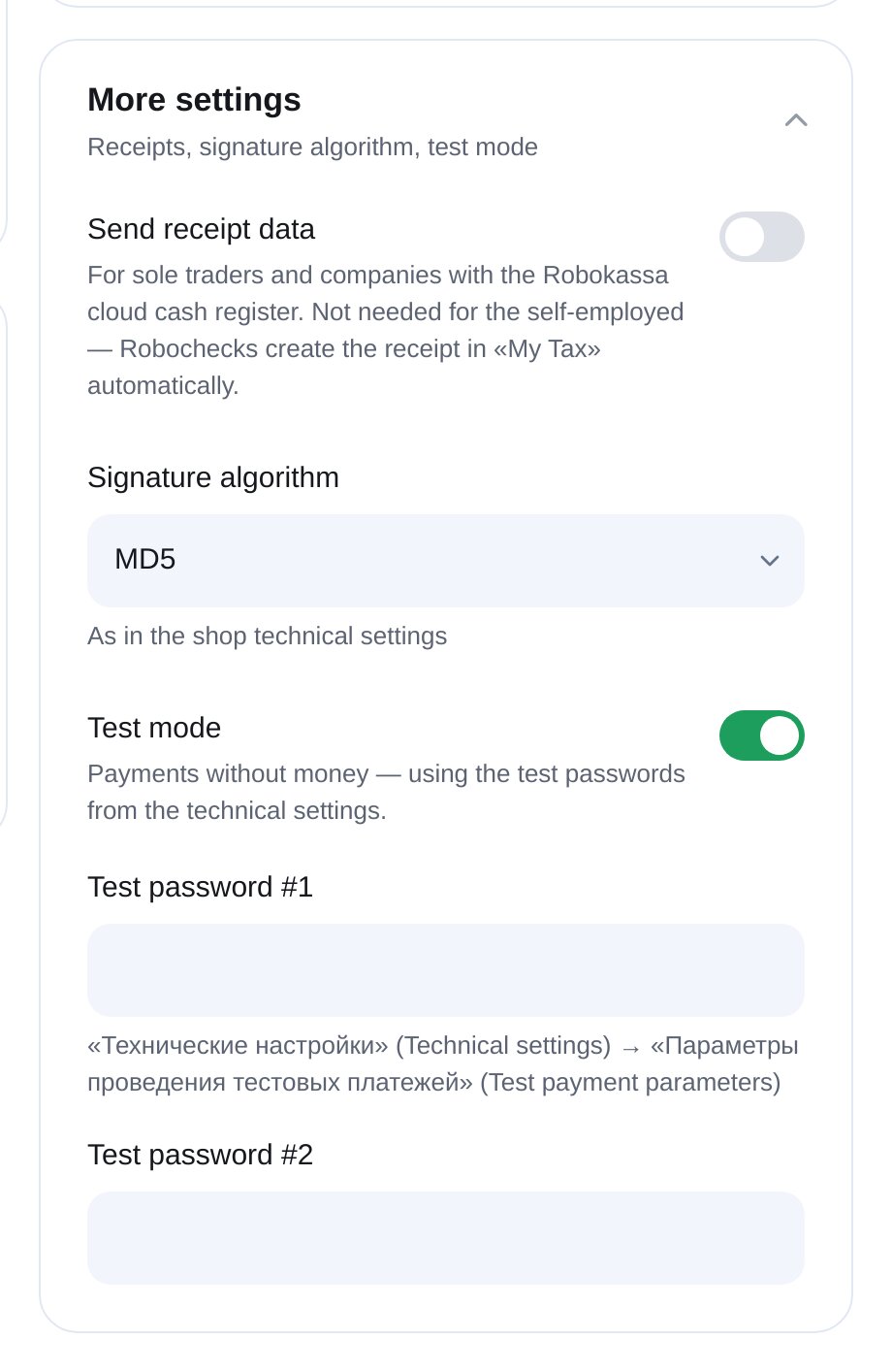 Opciones de Robokassa en ETOCHATBOT: comprobantes, firma y modo de prueba