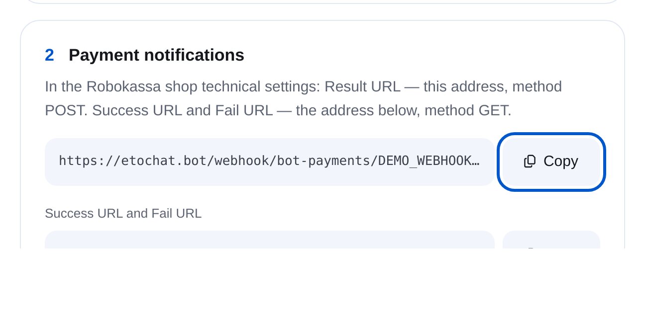 Result URL, Success URL y Fail URL de Robokassa en ETOCHATBOT