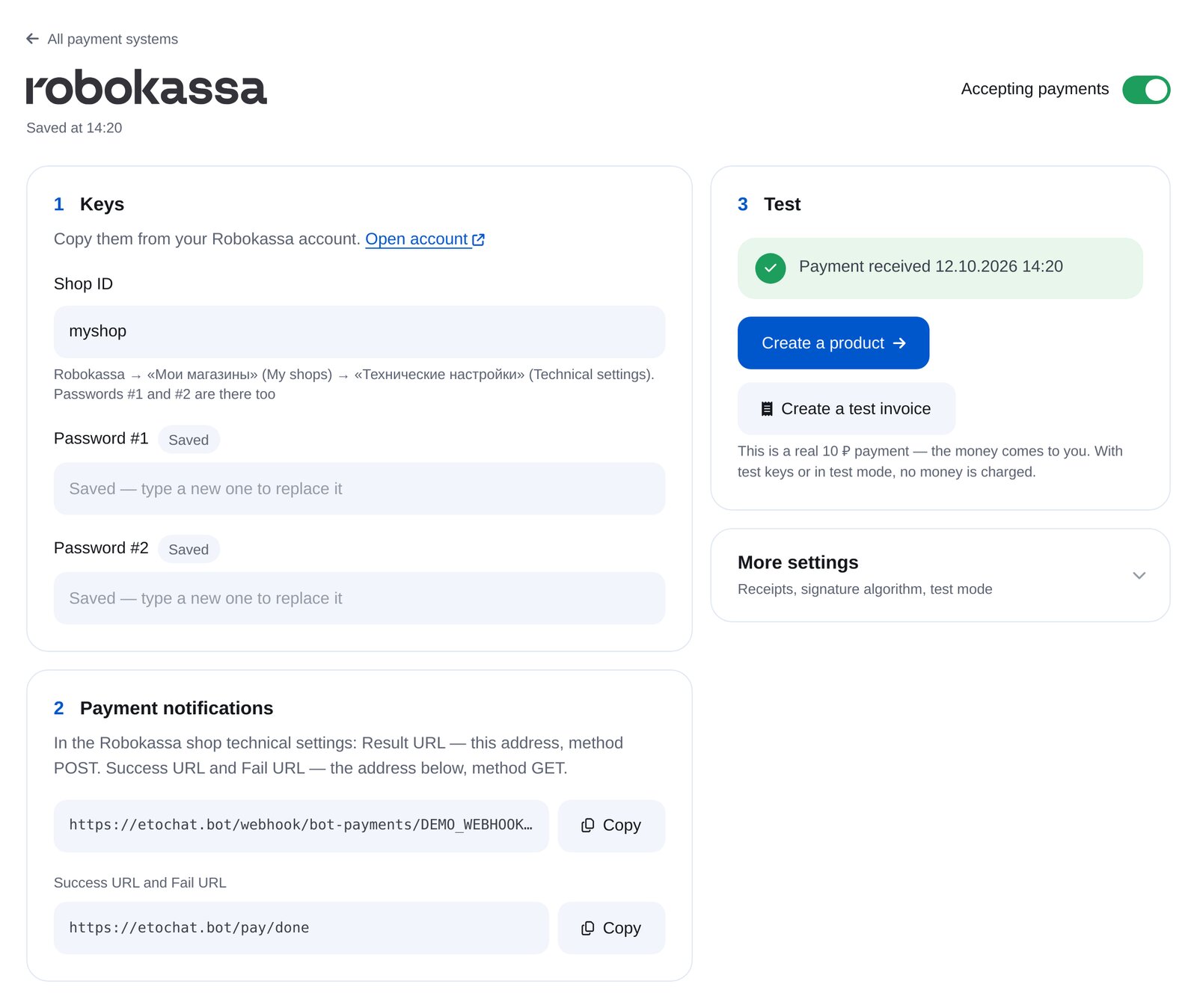 Conexión de Robokassa en ETOCHATBOT: tienda, contraseñas, notificaciones y pago de prueba