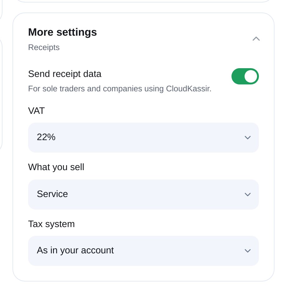Reçus fiscaux CloudPayments dans ETOCHATBOT : TVA, type de vente et régime fiscal