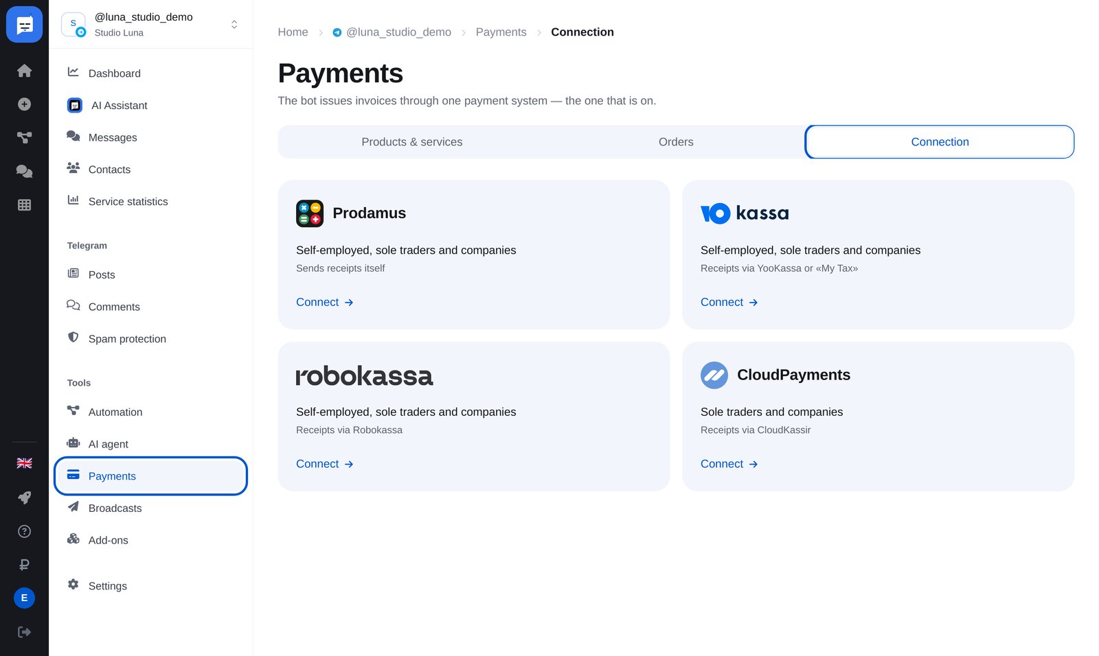 La section « Payments » d’ETOCHATBOT : onglet « Connection » et prestataires de paiement