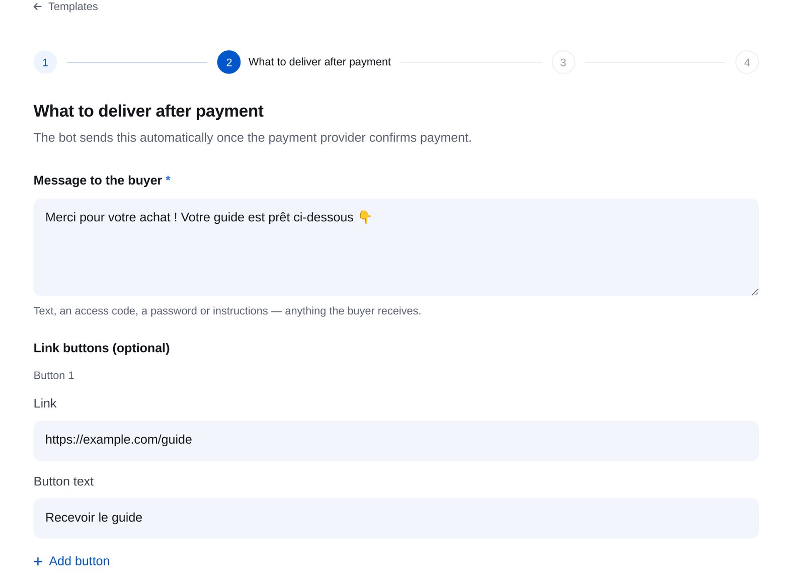 L’assistant « Product or service » : message au client et bouton avec un lien après paiement