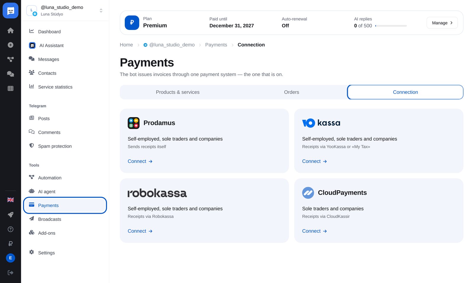 ETOCHATBOT panelinde “Payments”: “Connection” sekmesi ve ödeme sistemi kartları