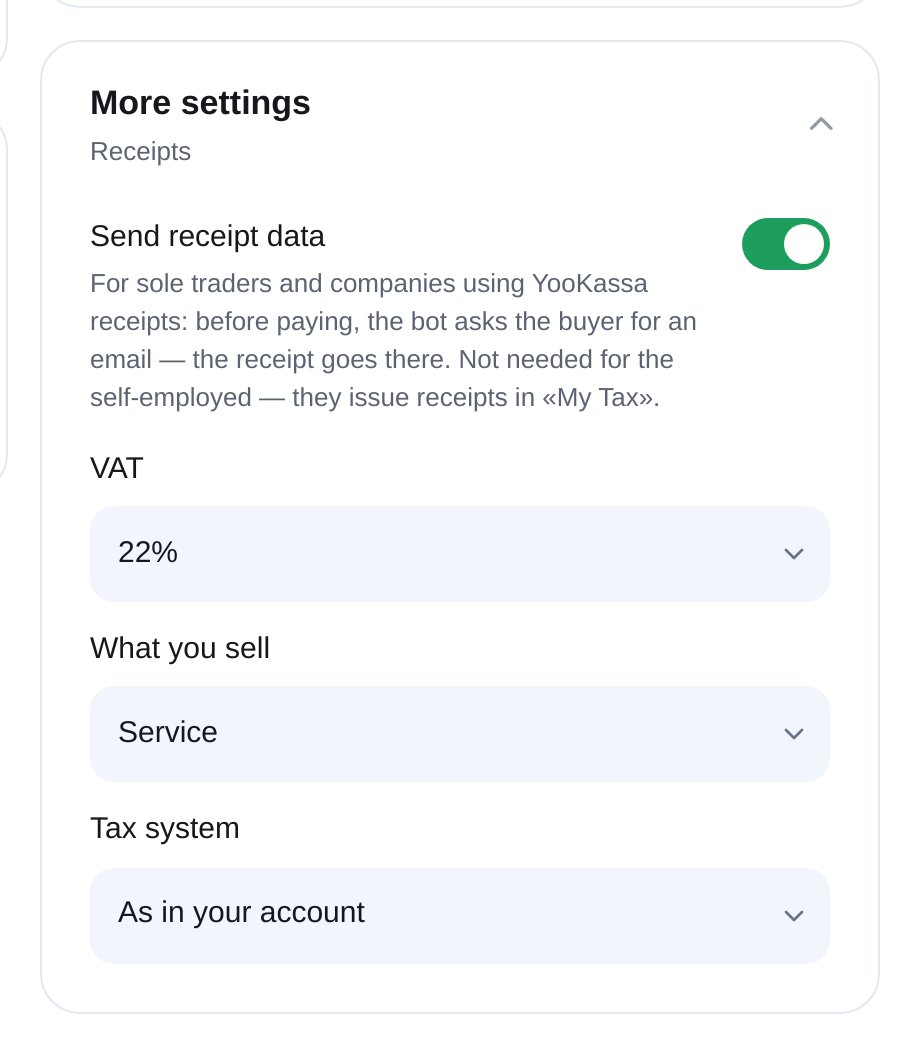 ETOCHATBOT’ta YooKassa mali fişleri: KDV, ürün türü ve vergi sistemi
