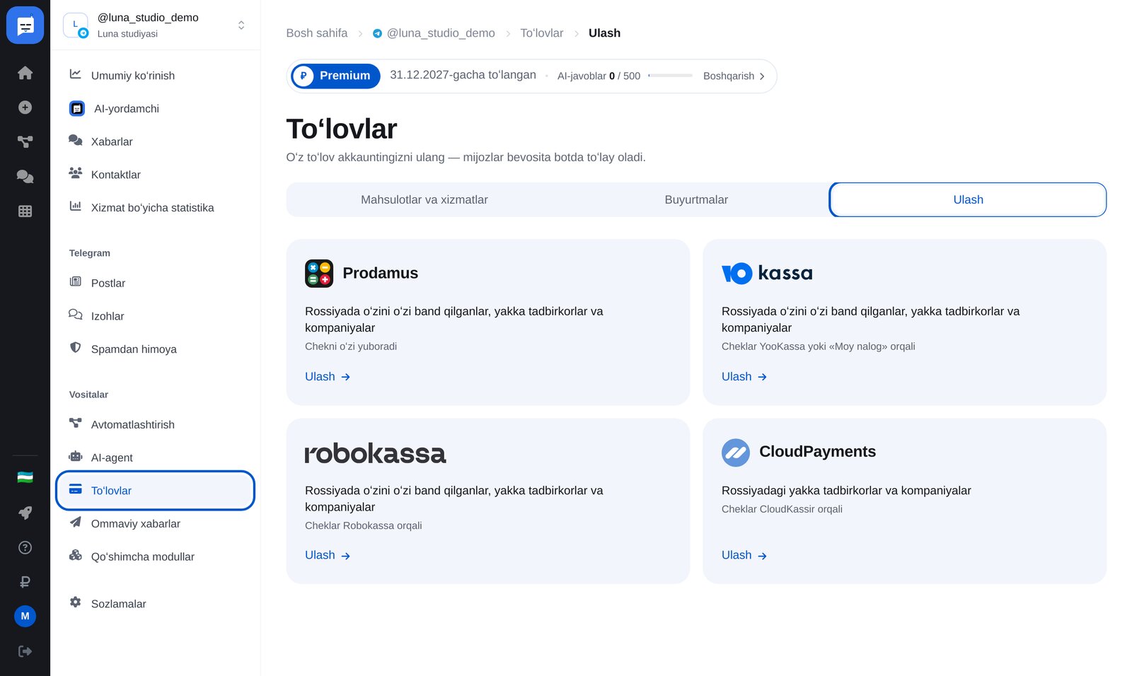 ETOCHATBOT «Toʻlovlar»: «Ulash» va toʻlov tizimlari kartalari