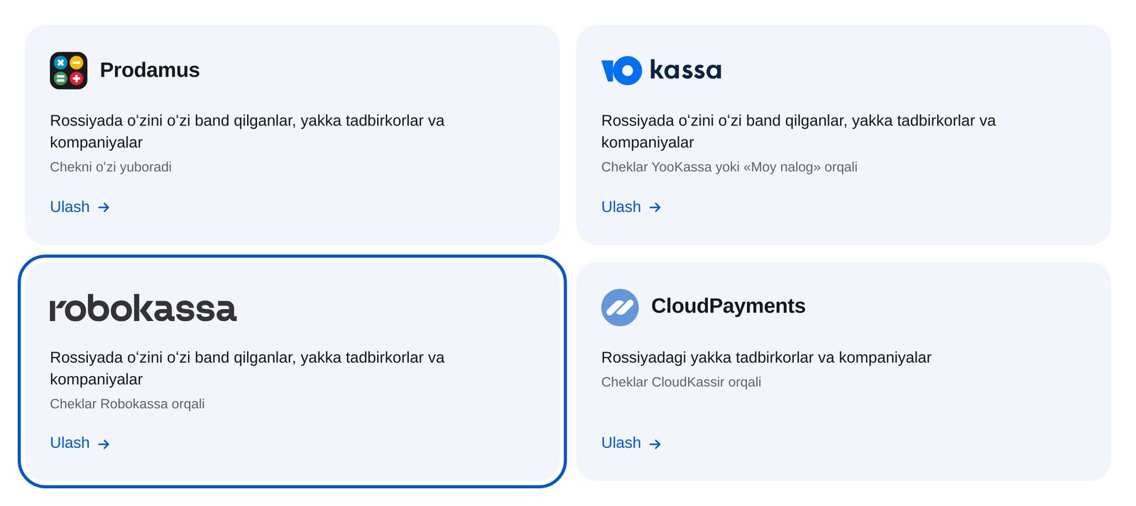 ETOCHATBOTdagi Robokassa toʻlov tizimi kartasi