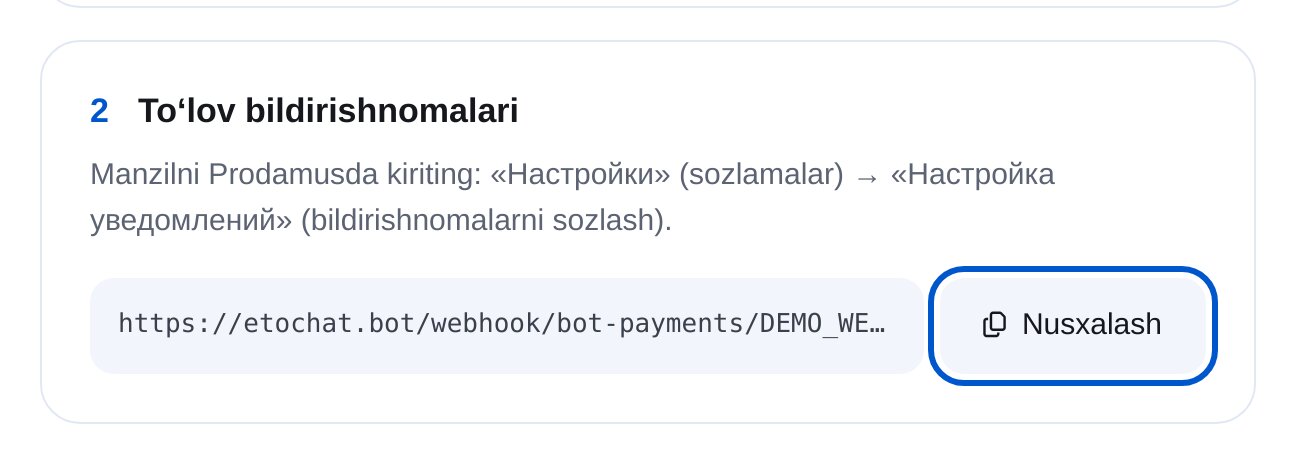 ETOCHATBOT Prodamus bildirishnoma manzili va «Nusxalash» tugmasi