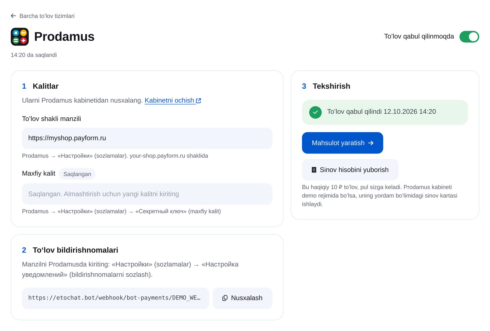 ETOCHATBOTda Prodamus: forma manzili, kalit, bildirishnoma va sinov toʻlovi