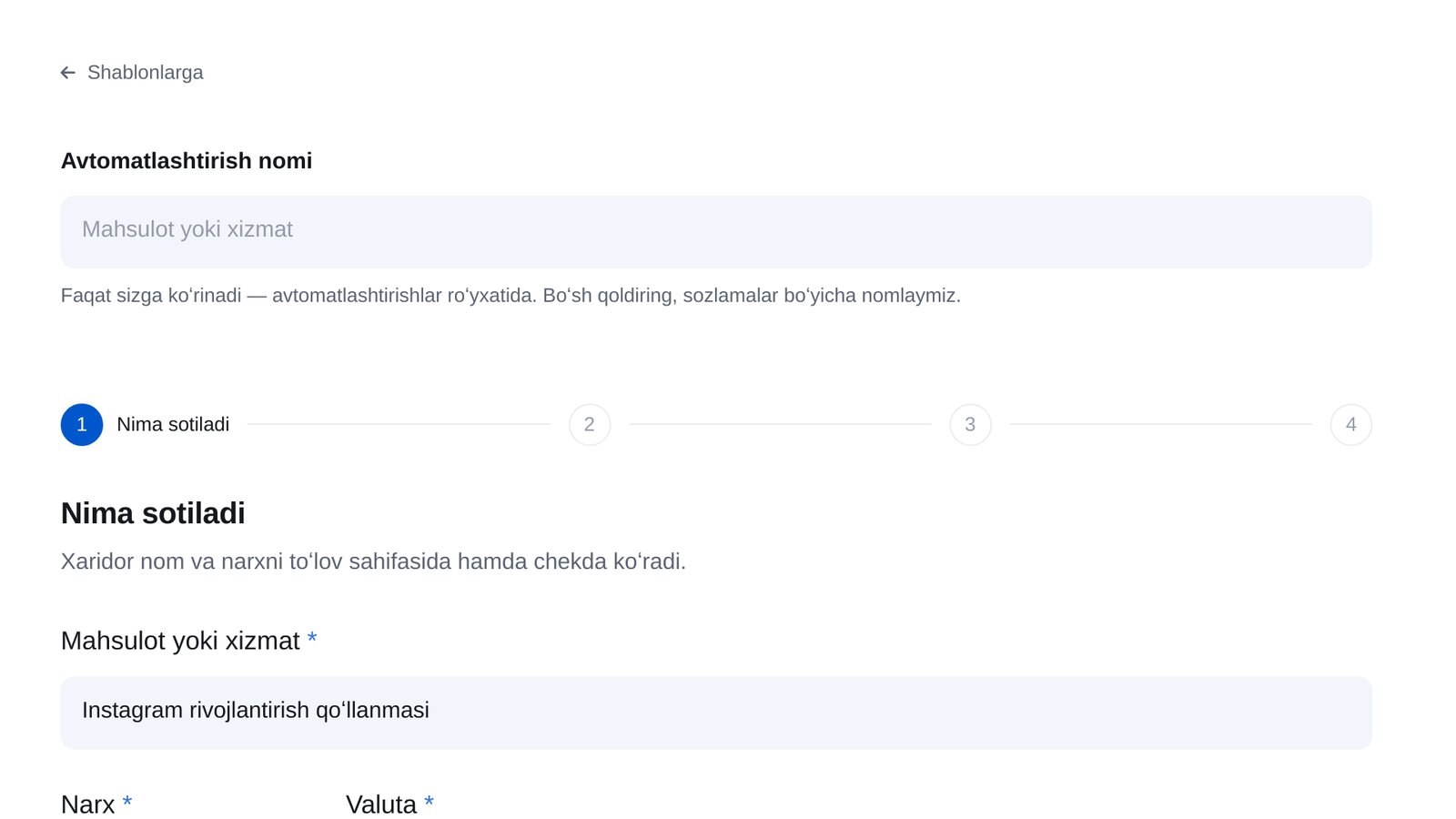 ETOCHATBOTdagi «Mahsulot yoki xizmat» sozlash yordamchisi: nom va narx