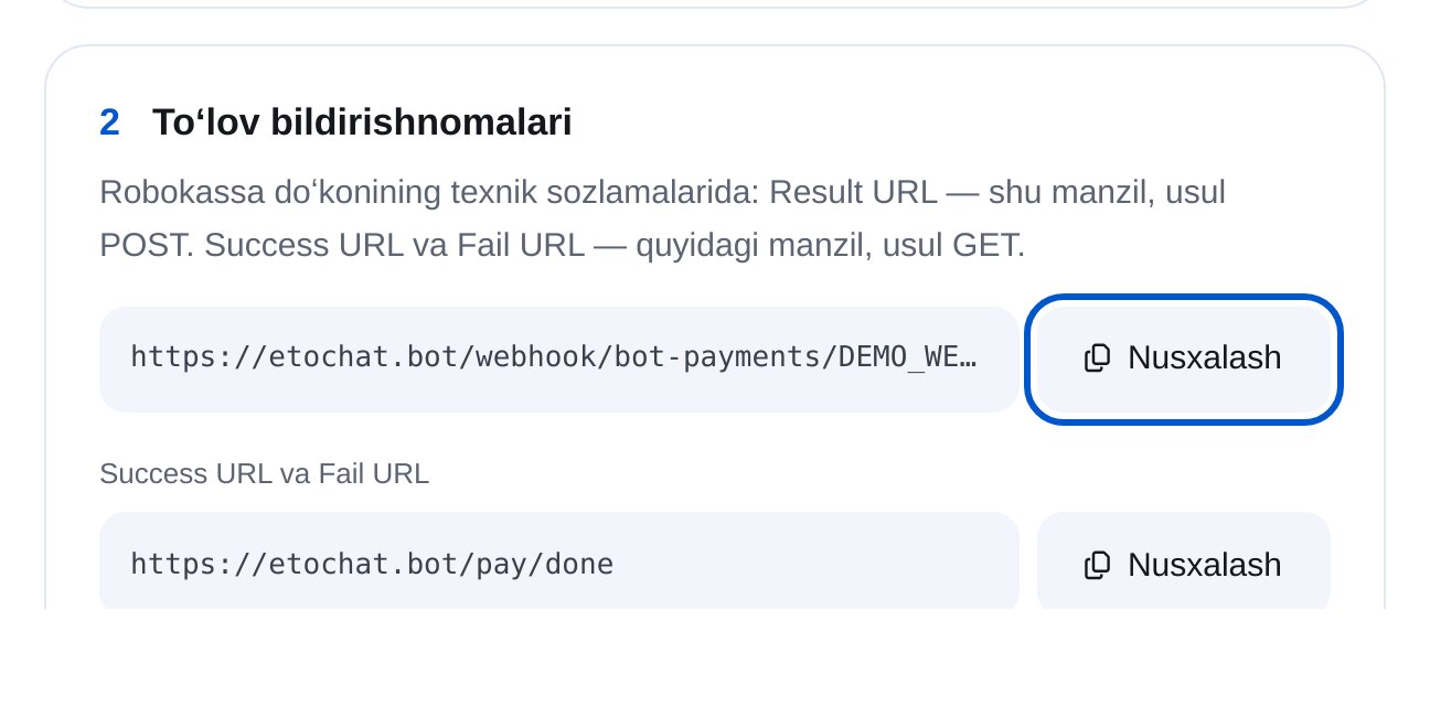 ETOCHATBOT Robokassa uchun Result URL, Success URL va Fail URL