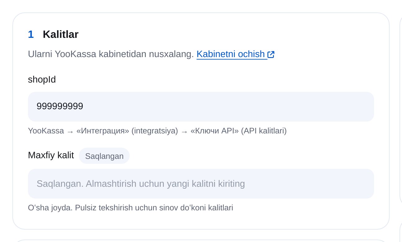 ETOCHATBOT YooKassa kalitlari: shopId va maxfiy kalit