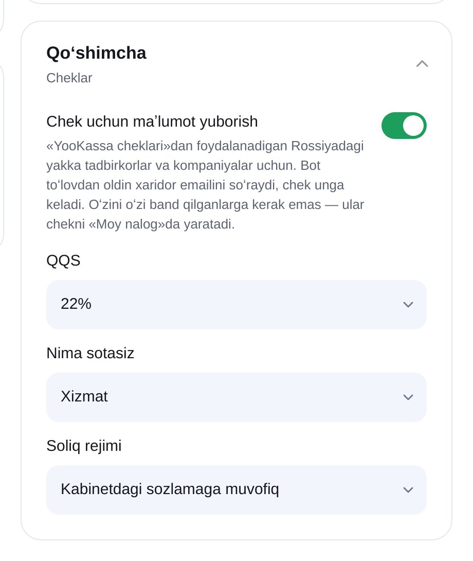 ETOCHATBOT YooKassa cheklari: QQS, mahsulot va soliq tizimi