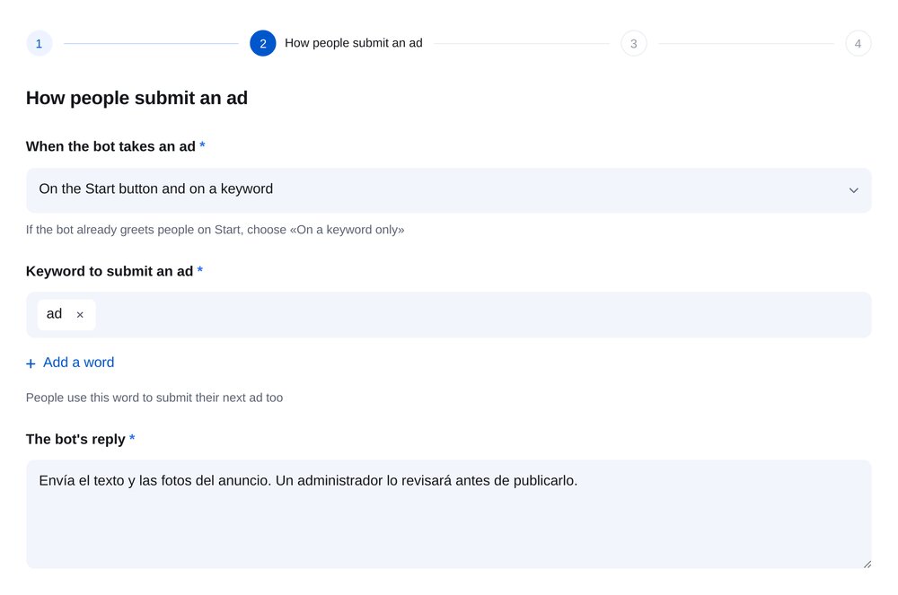 Paso para enviar anuncios: botón «Iniciar», palabra «anuncio» y respuesta del bot