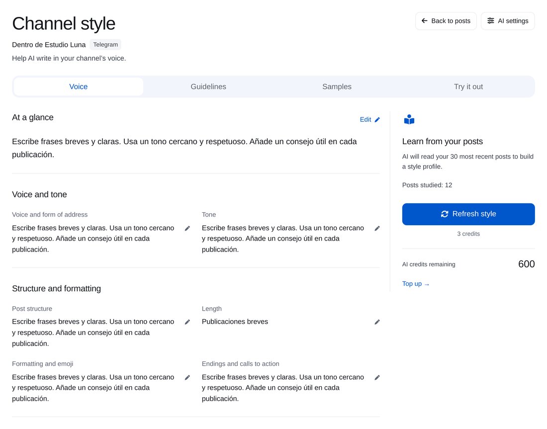 Configuración del estilo del canal con IA en ETOCHATBOT