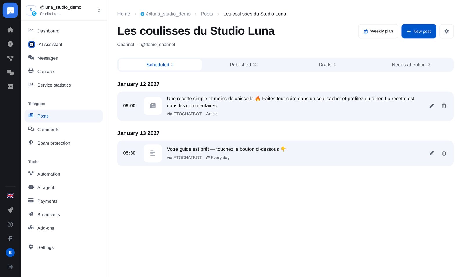 Page de la chaîne dans « Posts » : paramètres et entrée « Channel style »