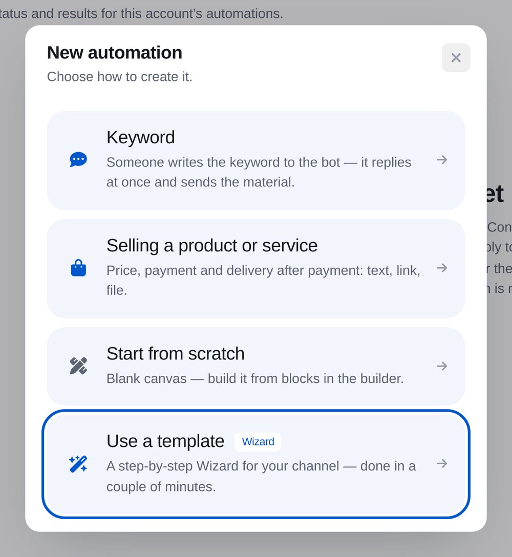 Fenêtre « New automation » : mot-clé, vente, création à partir de zéro ou modèle prêt à l’emploi