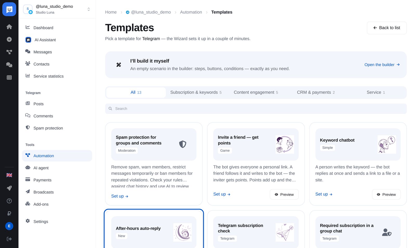 Modèles Telegram : « After-hours auto-reply » et « Keyword chatbot »