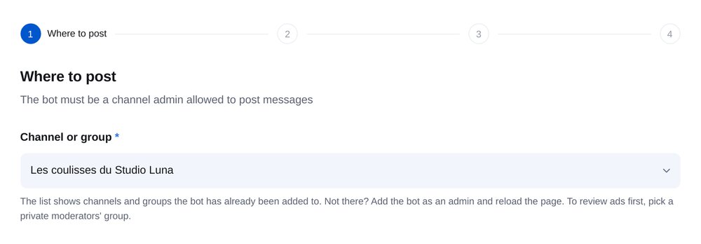 Assistant « Ad submissions to your channel », étape « Where to post » : choix d’une chaîne ou d’un groupe