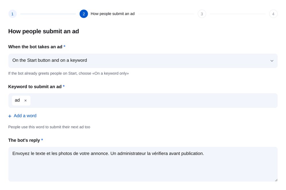 Étape de dépôt d’annonce : bouton de démarrage, mot « annonce » et réponse du bot