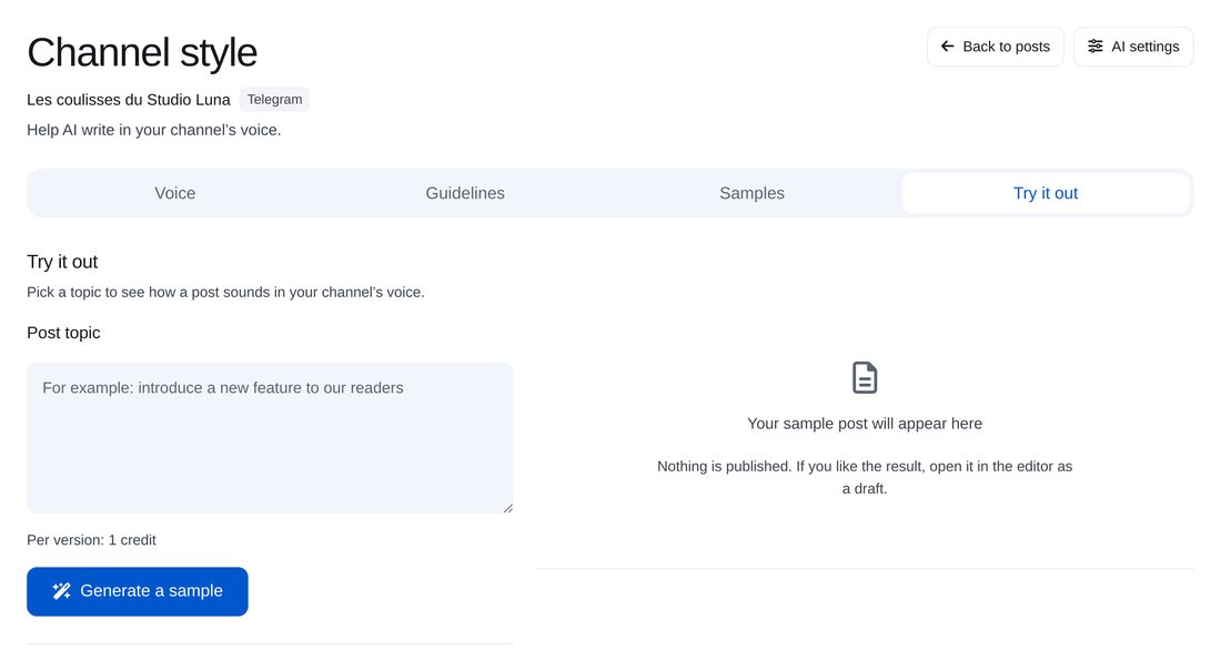 Tester sur un exemple — écran de configuration dans ETOCHATBOT