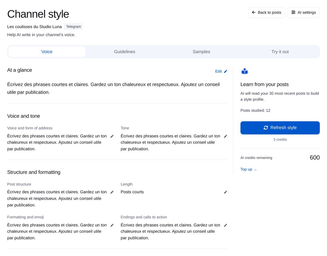 L’IA étudie le style de la chaîne — écran de configuration dans ETOCHATBOT
