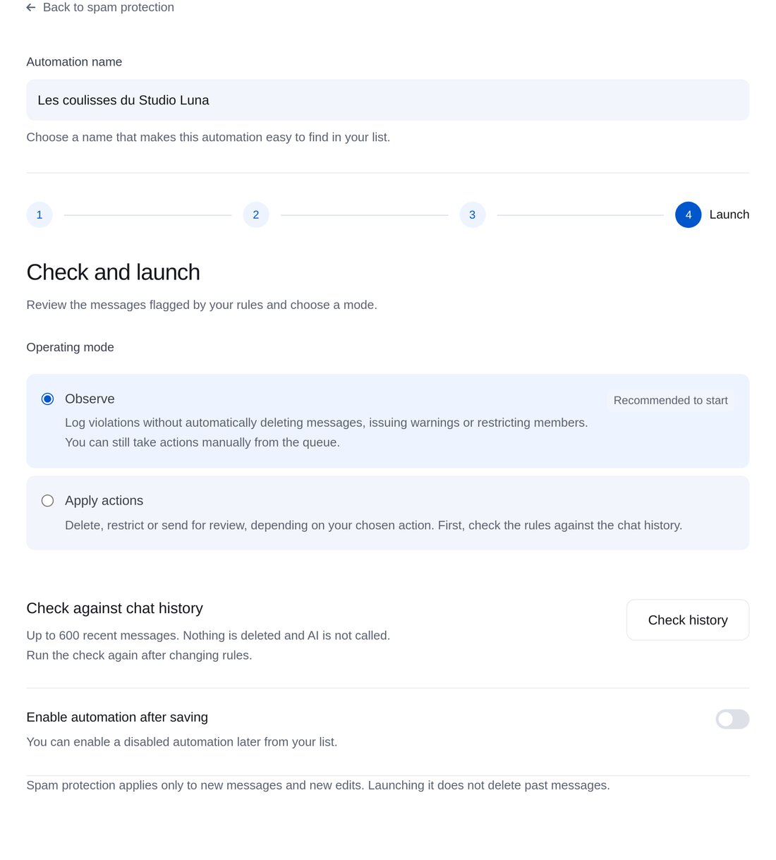 Vérifier et activer — écran de configuration dans ETOCHATBOT
