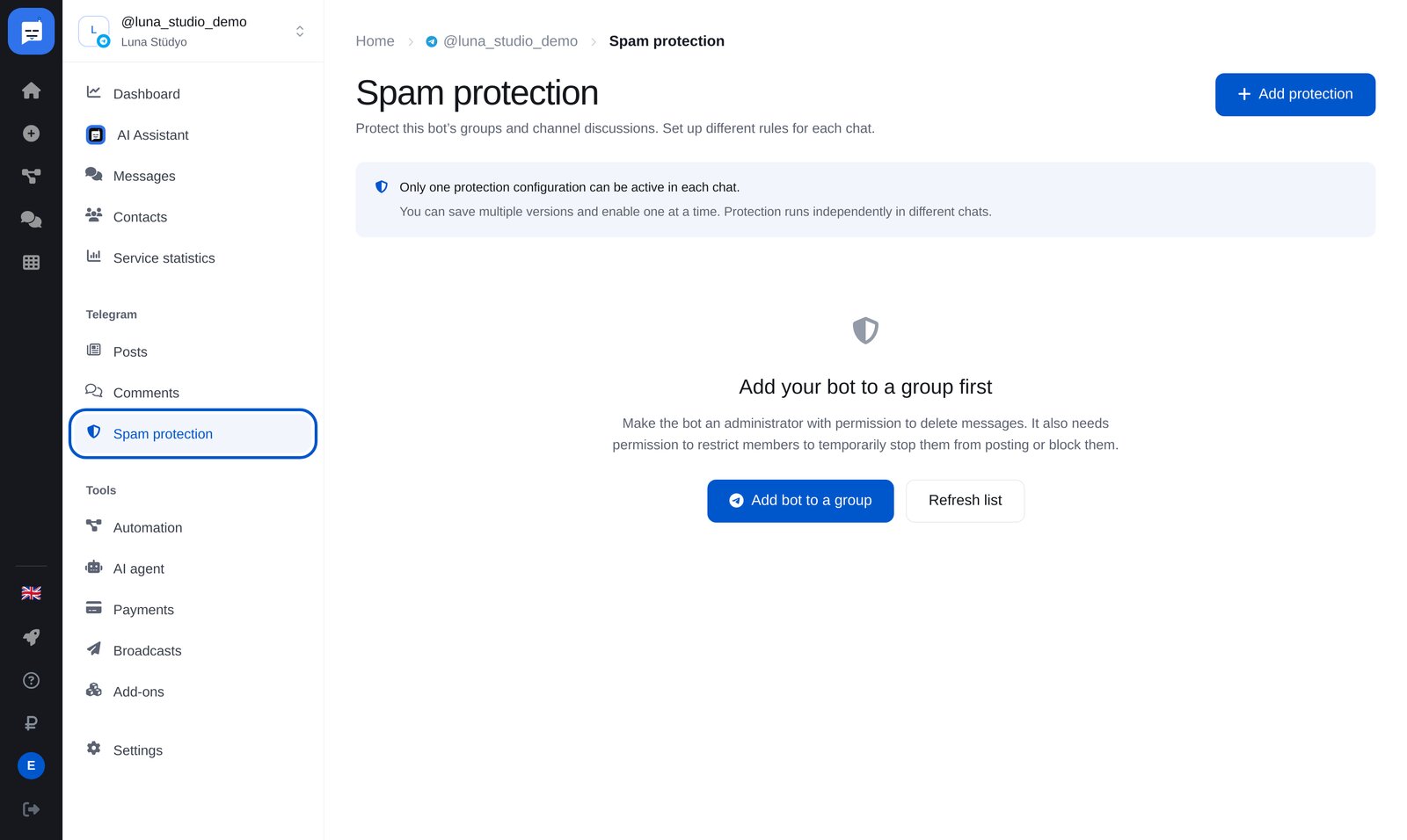 ETOCHATBOT panelinin “Spam protection” bölümü: menü öğesi ve “Add protection” düğmesi