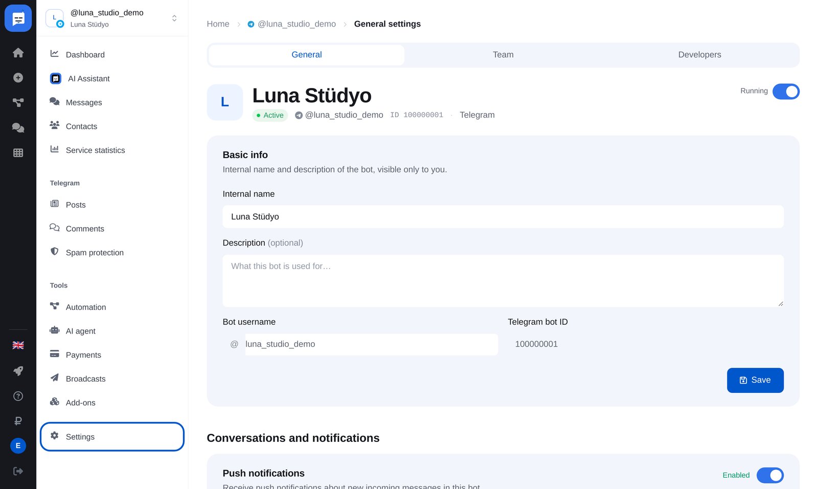 ETOCHATBOT bot ayarlarında “The bot in your private chats” bölümü: rehber ve bağlantı durumu
