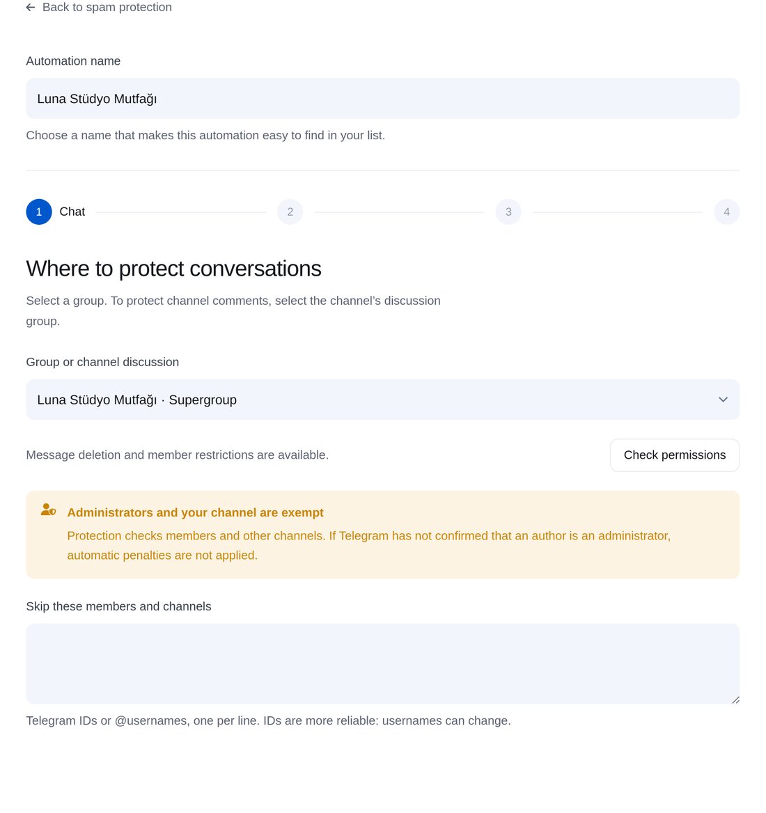 Grubu seçin — ETOCHATBOT ayar ekranı