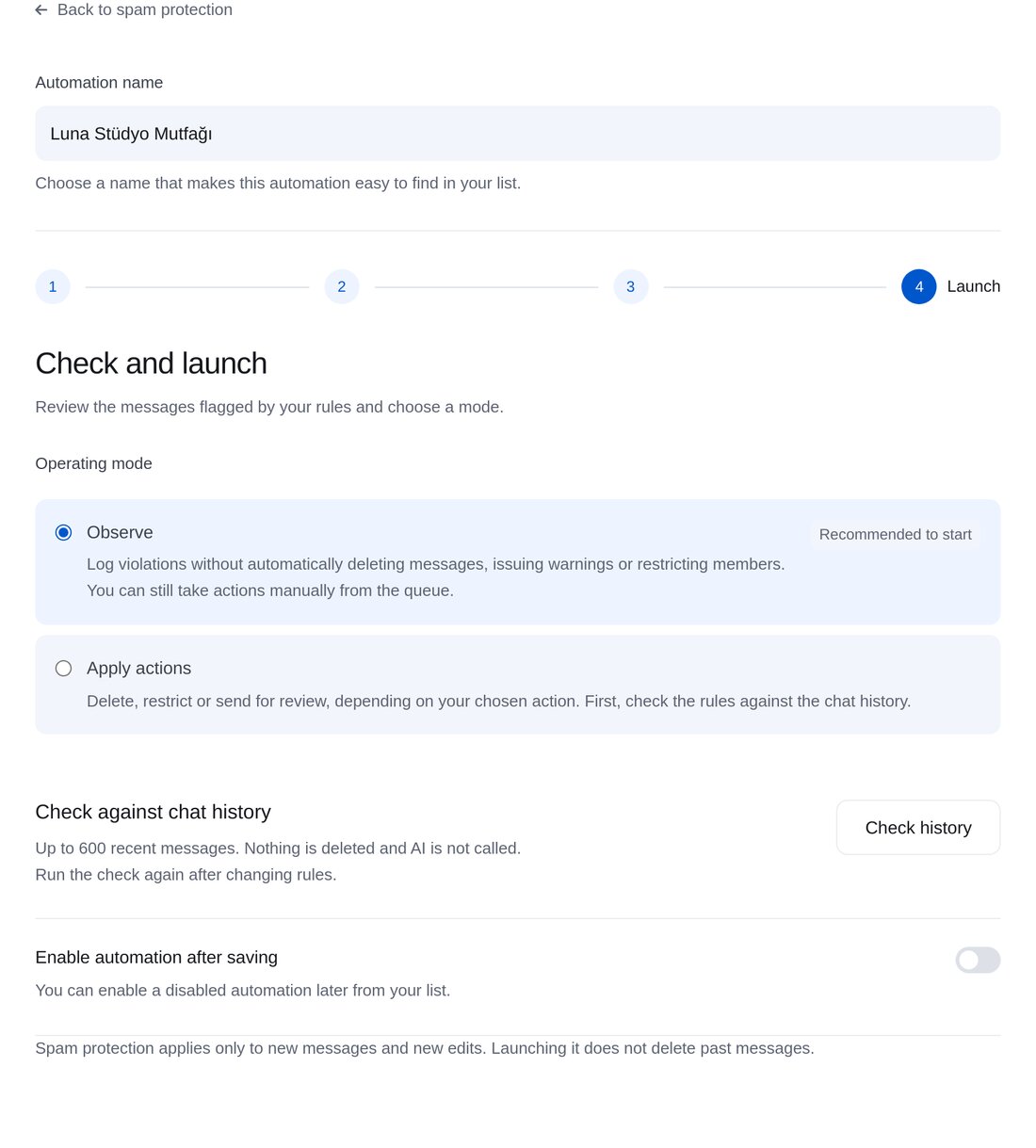 Kontrol edin ve başlatın — ETOCHATBOT ayar ekranı