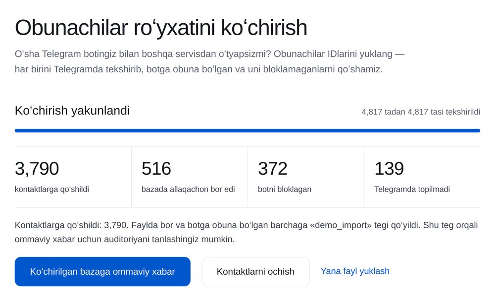 Koʻchirish natijasi namunasi: qoʻshilgan, bazada bor, botni bloklagan, Telegramda topilmagan