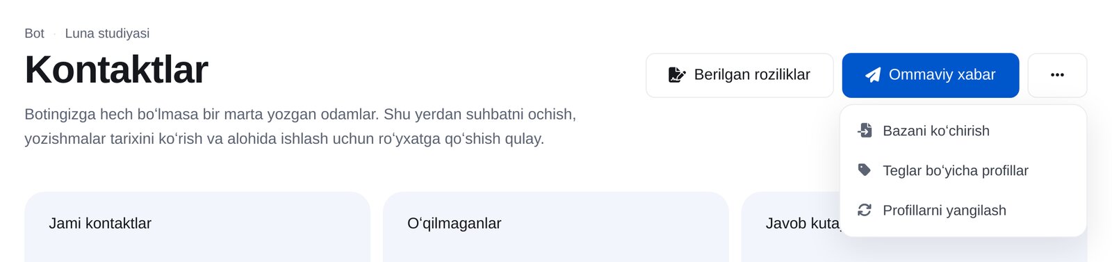 ETOCHATBOT «Kontaktlar» boʻlimida «Yana» → «Bazani koʻchirish» menyusi