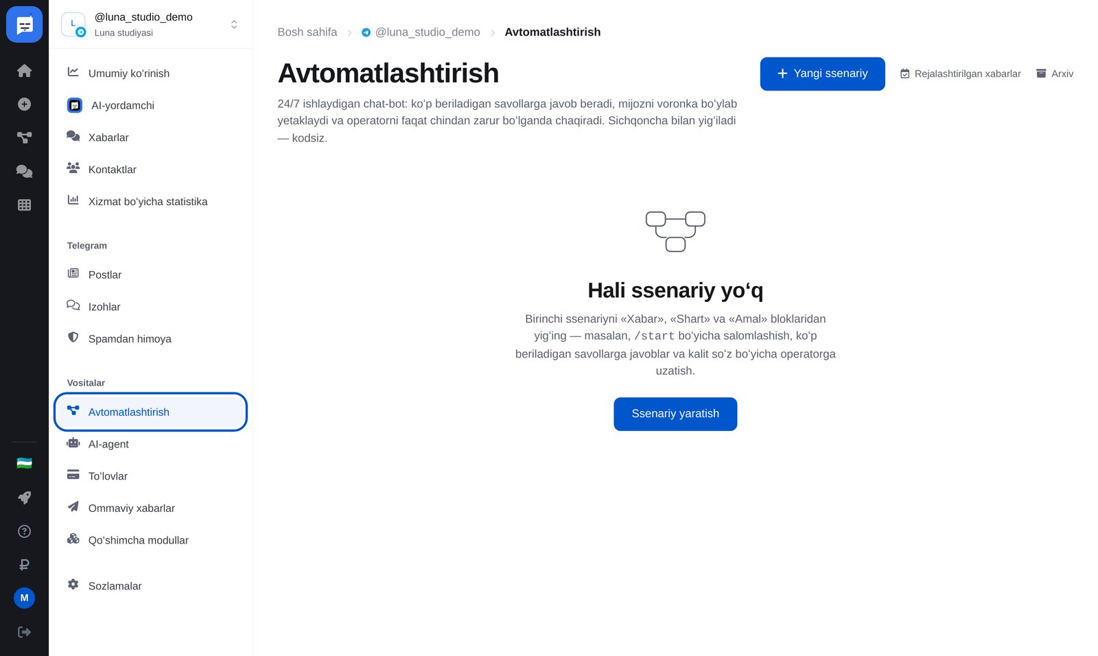 ETOCHATBOT kabinetidagi «Avtomatlashtirish»: menyu va «Yangi ssenariy» tugmasi
