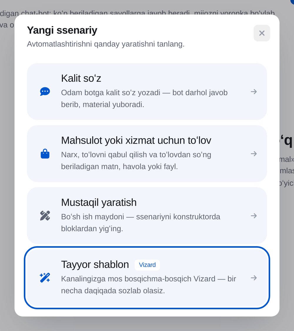 «Yangi ssenariy» oynasi: kalit soʻz, mahsulot toʻlovi, noldan yaratish va tayyor shablon