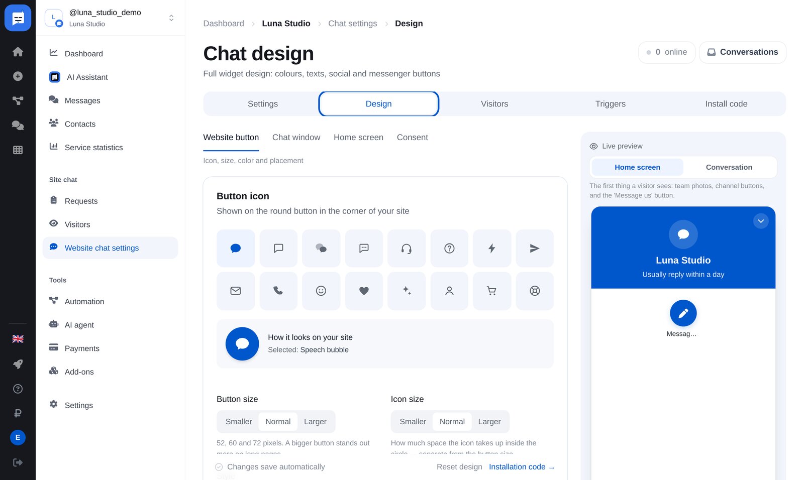 ETOCHATBOTのサイト用チャット設定：メニュー項目と「Design」タブ