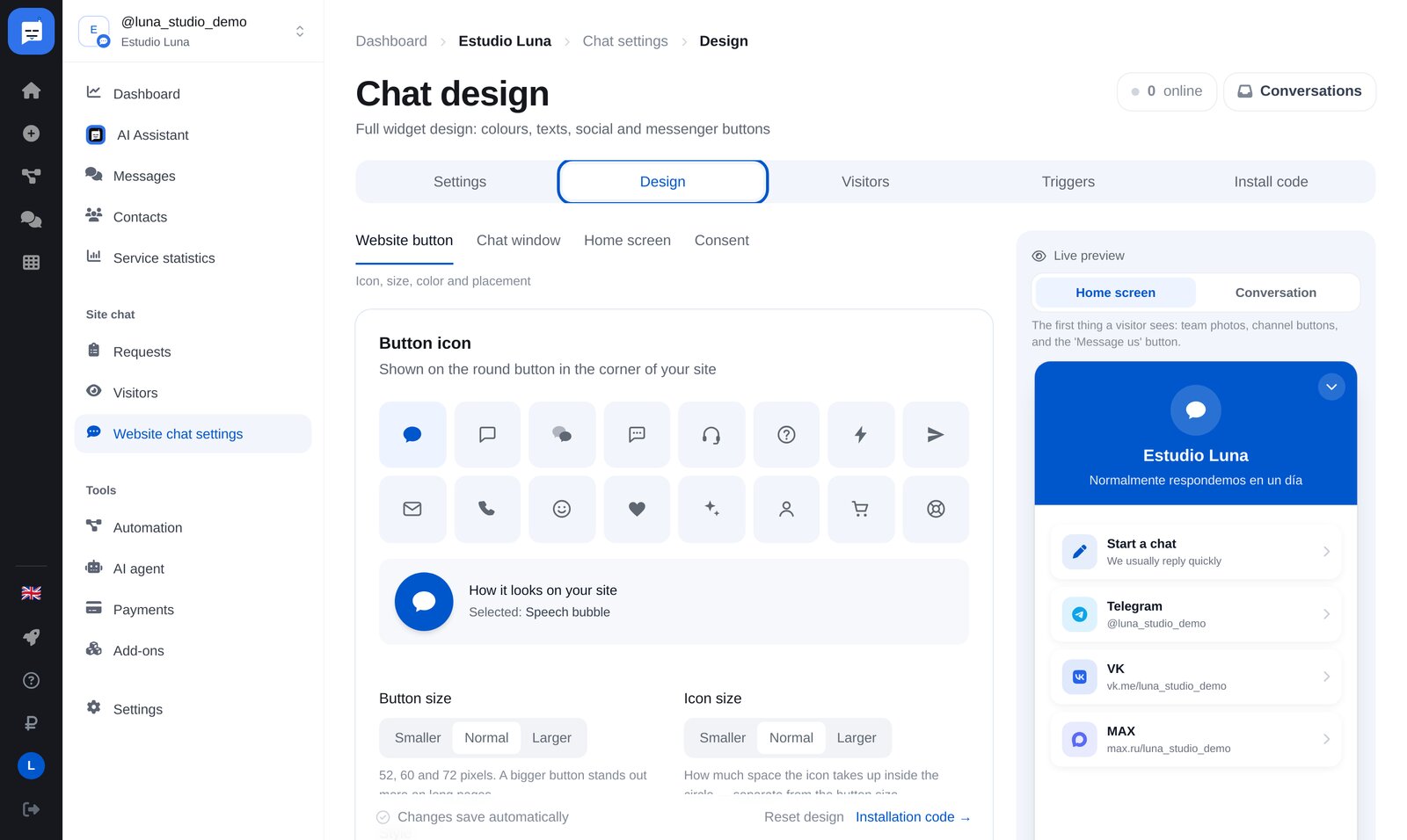 Ajustes del chat web en ETOCHATBOT: menú y pestaña «Diseño»