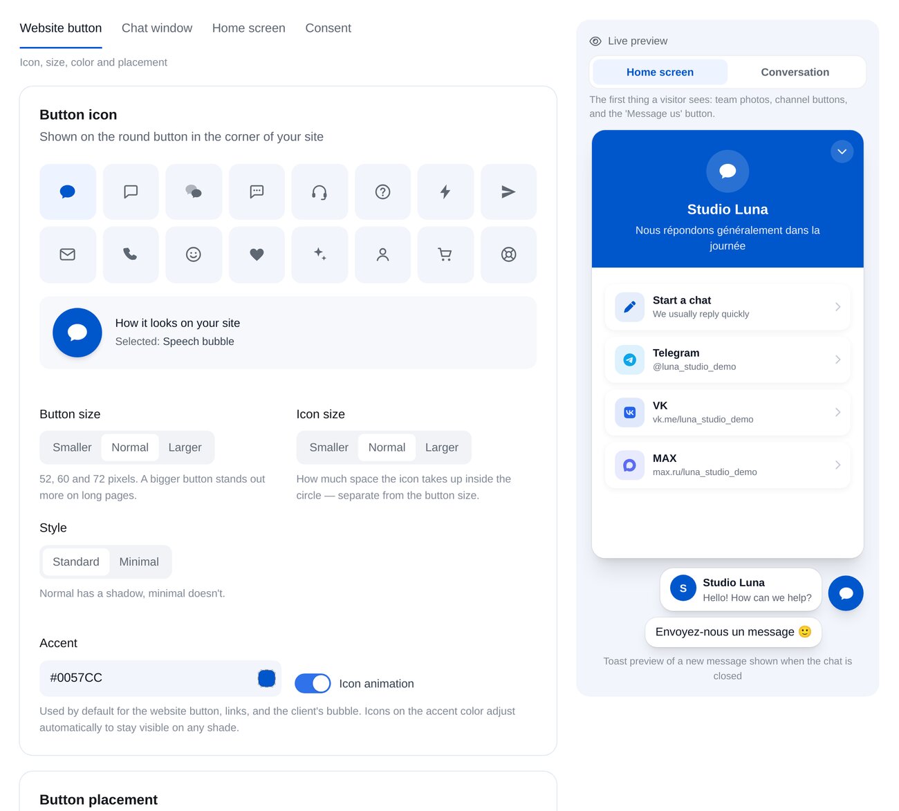 Bouton sur le site — écran de configuration dans ETOCHATBOT