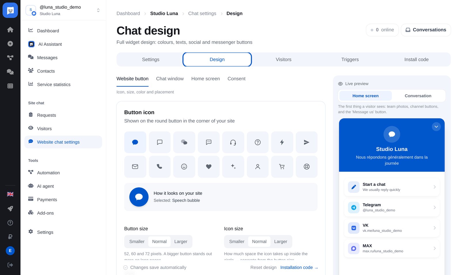 Paramètres du chat dans ETOCHATBOT : menu et onglet « Design »