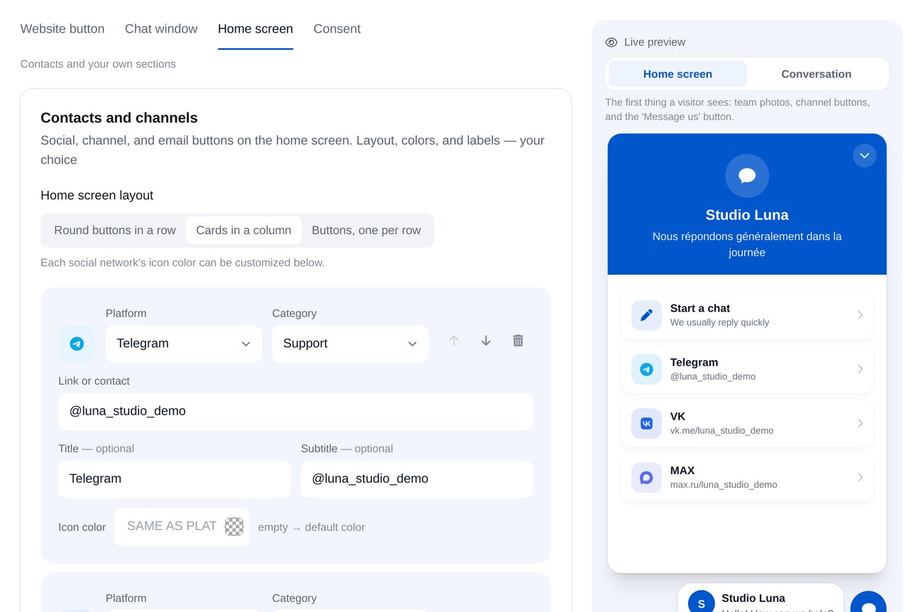 Configuration du widget : boutons Telegram sur l’accueil, aperçu en direct