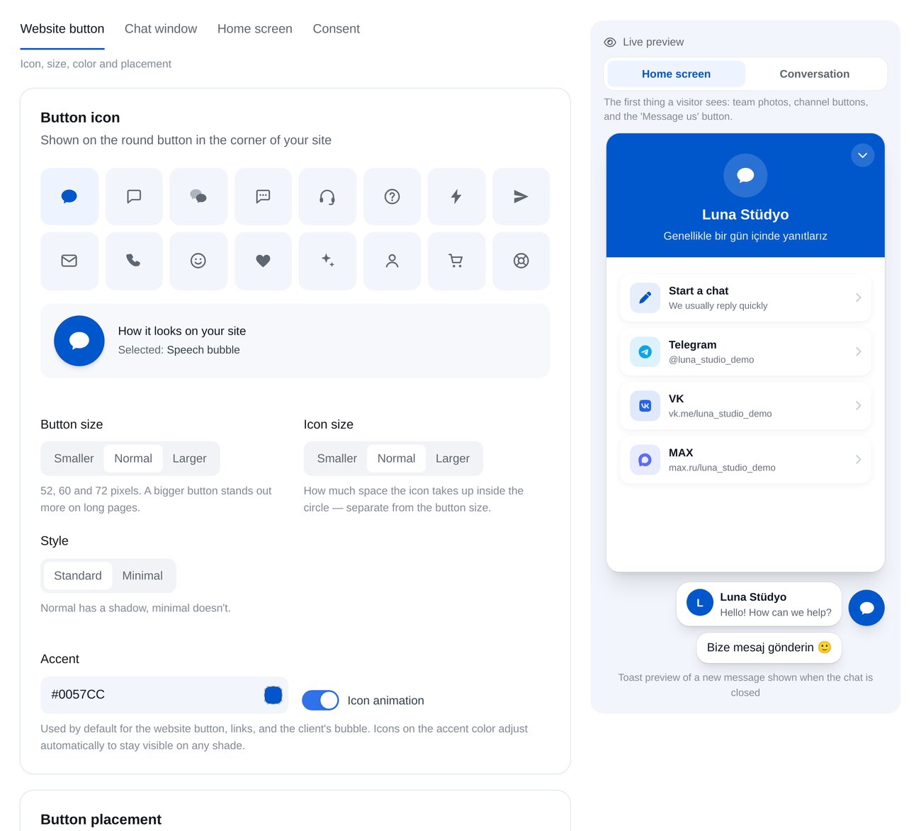 Site düğmesi: ETOCHATBOT ayar ekranı