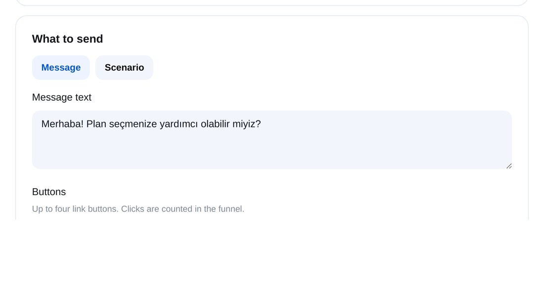 Ne ve ne zaman gönderilsin: ETOCHATBOT ayar ekranı
