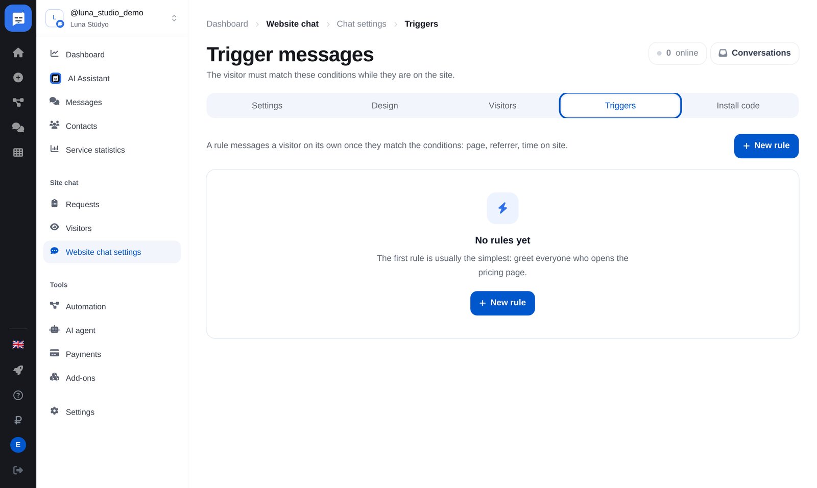 Site sohbeti ayarları: “Triggers” sekmesi ve “Create rule” düğmesi