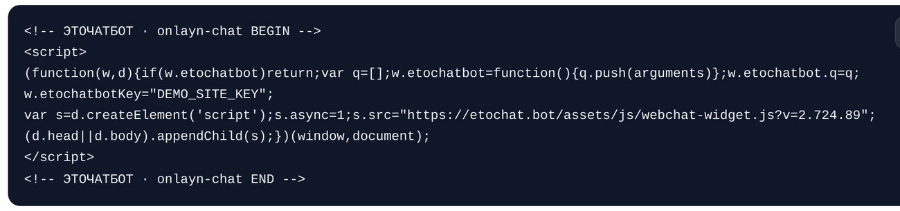 Kodni saytga joylang — ETOCHATBOT sozlash ekrani