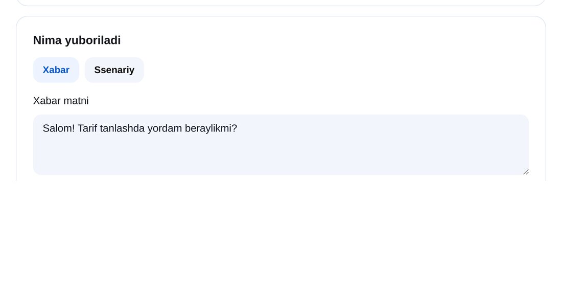 Nima va qachon yuborish — ETOCHATBOT sozlash ekrani
